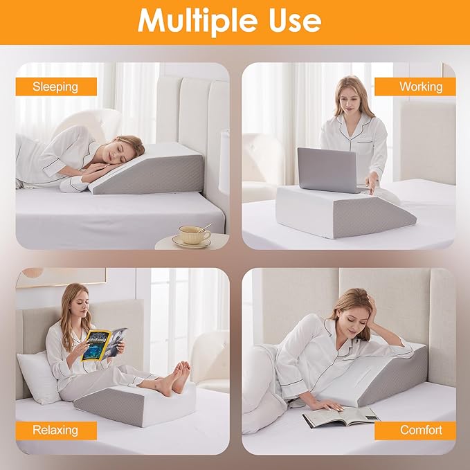 Leg Elevation Pillows for Sleeping, Memory Foam Wedge Pillow for Legs, Knee Wedge Pillow for After Surgery, Swelling, Back Pain and Circulation, Non-Slip Base, Removable Cover (8 Inch, White)