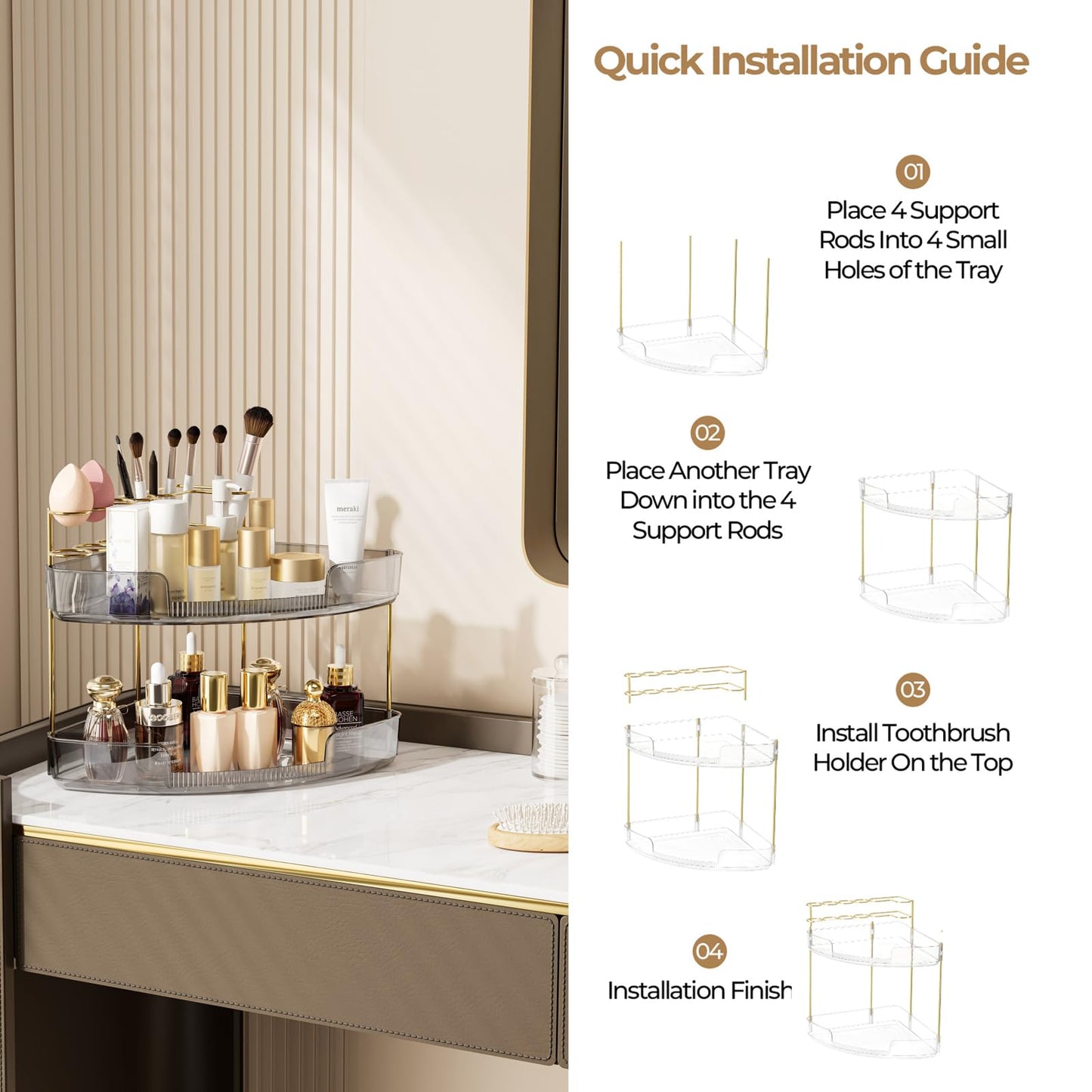 FELIZHOUSE 2-Tier Makeup Organizer for Vanity & Bathroom Countertop - Acrylic Storage Shelf with Perfume Tray & Makeup Brush Hol
