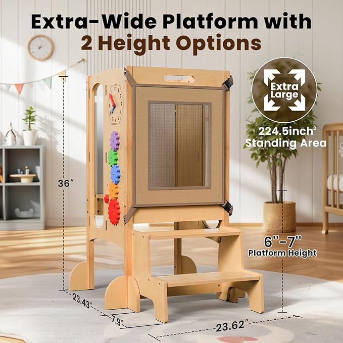 Toddler Tower Foldable Toddler Kitchen Stool Helper with 2 Step Stool, Safety Net, Adjustable Height, Chalk-Whiteboard& Montessori Activity