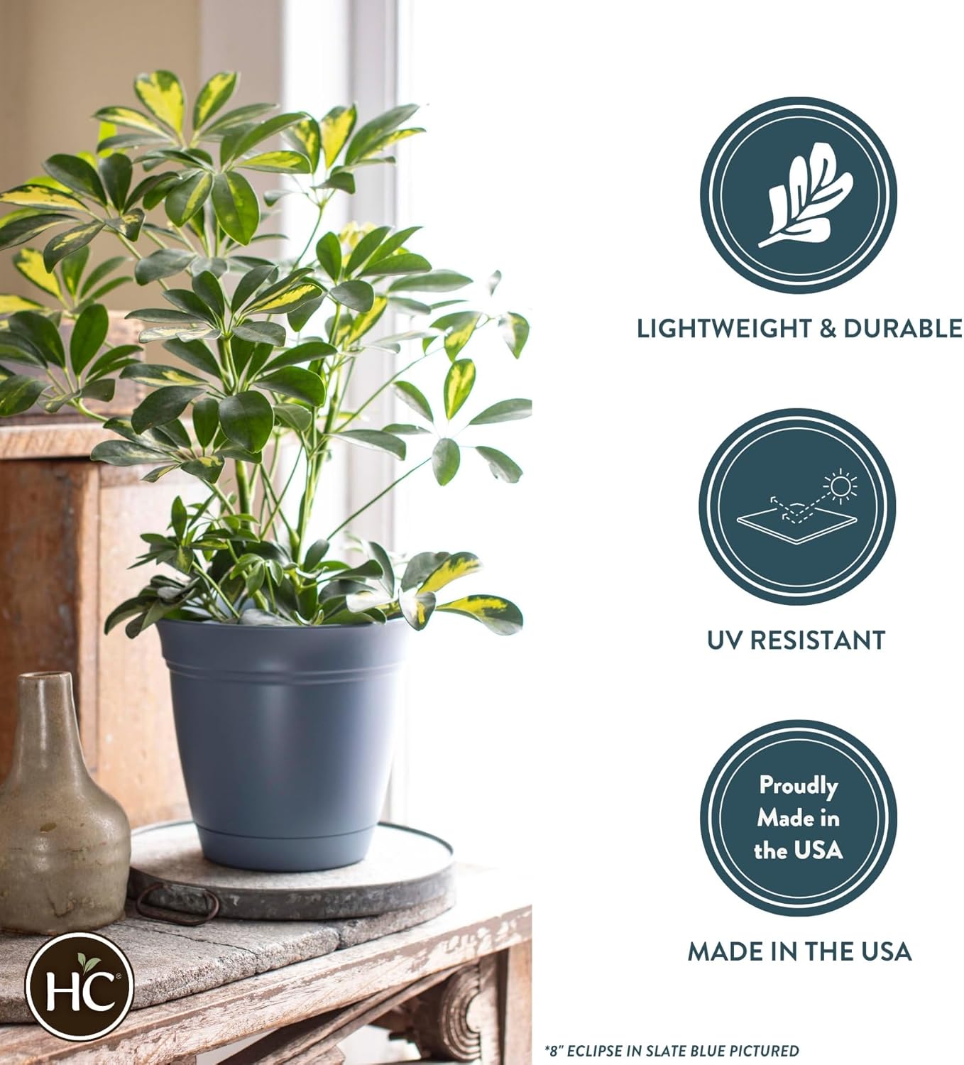 The HC Companies Eclipse Round Planter with Saucer - Outdoor & Indoor Plant Pot with Drainage Holes - Lightweight, UV-Resistant Plastic Pots for Plants, Flowers & Herbs (10" Chocolate, Pack of 1)