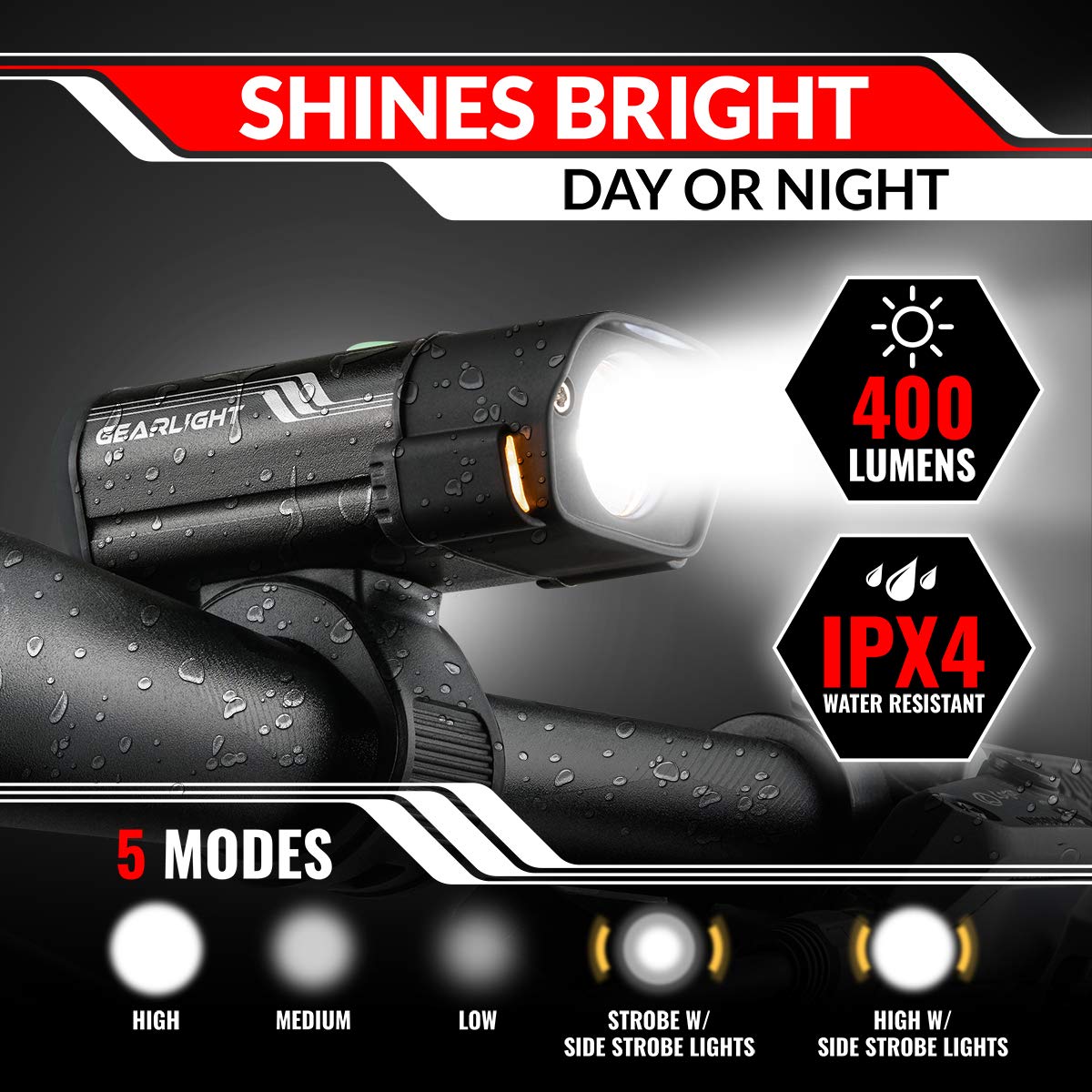 GearLight Rechargeable Bike Light, Headlight and Tail Light Set, Powerful Front and Back Lights for Night Riding Safety, Night Riding Accessories, White Elephant Stocking Stuffer for Men - Black, Red
