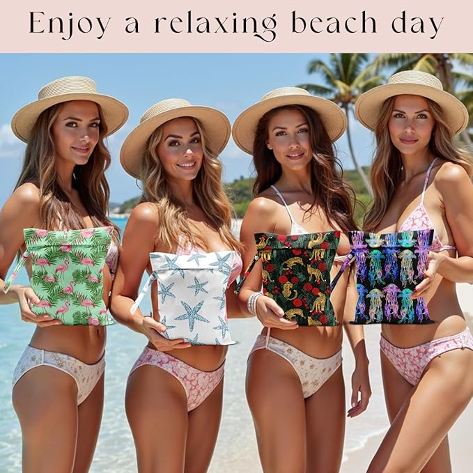 4 Pack Wet Bag for Swimsuit, Beach Travel Essentials Wet Dry Bag, for Sunscreen Toiletry Dirty Clothes Yoga Gym Diaper, Friend Summer Beach Vacation Gifts. Land, sea and air