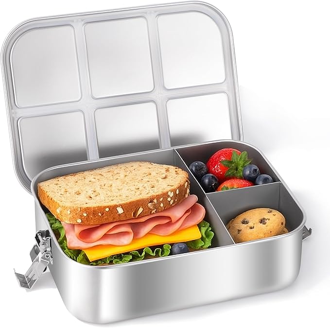 Bento Box for Kids, 1.5L/50oz Stainless Steel Snack Containers with 3 Compartments, Lockable Clip Kids Lunch Box, Eco-Friendly, Leak-proof, Dishwasher-Safe for Home, School, Travel