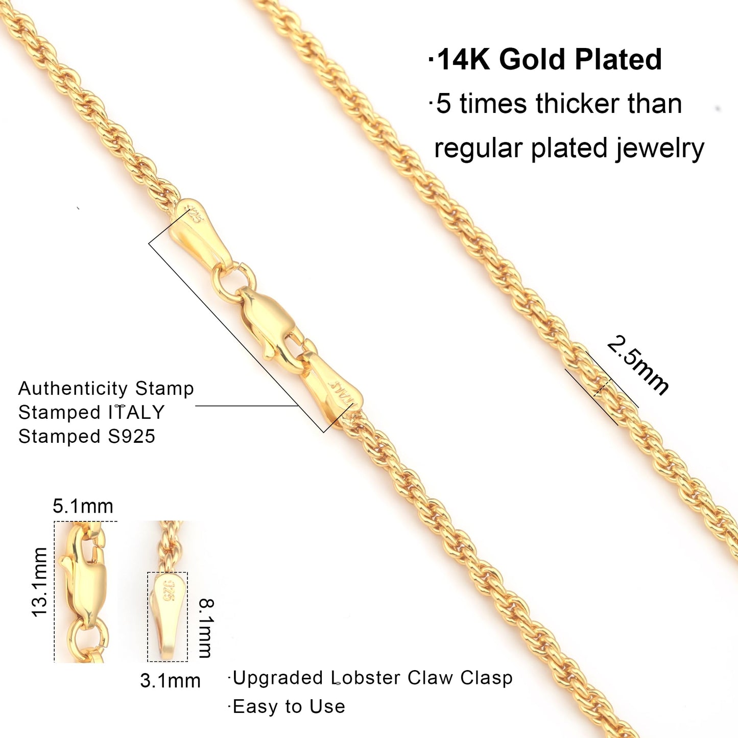 Waitsoul 925 Sterling Silver Rope Chain Lobster Clasp 2.5mm Gold Plated Chain Necklace for Men Women Necklace Chain 26 Inch