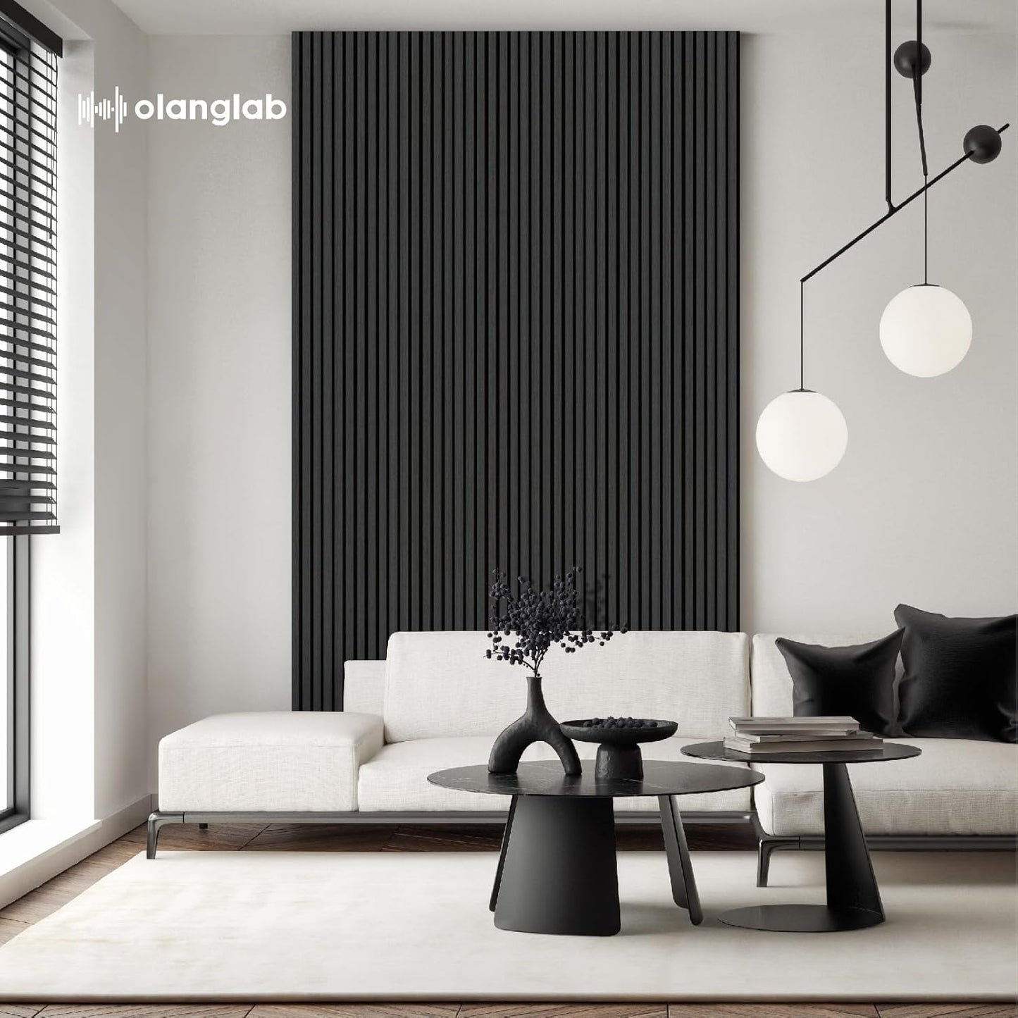 Olanglab Wood Slat Wall Panels, Wooden Acoustic Wall Panels, 94.5"x12.6" Each 3D Wall Panels for Interior Wall Decor, 4 Pack in Total 94.5"x50.4" (Matte Black)