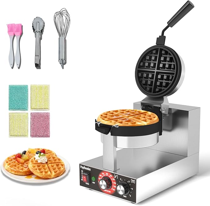 Belgian Waffle Maker, 110V Industrial Waffle Maker w/Non-Stick Coating and Adjustable Temperature (122-572°F), 1200W Rotary Commercial Waffle Machine w/Timer, Restaurants and Food Trucks