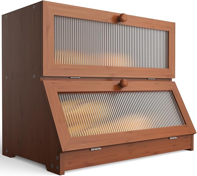 Bread Box for Kitchen Countertop: 2-Tier Bamboo Large Bread Storage Container,Brown