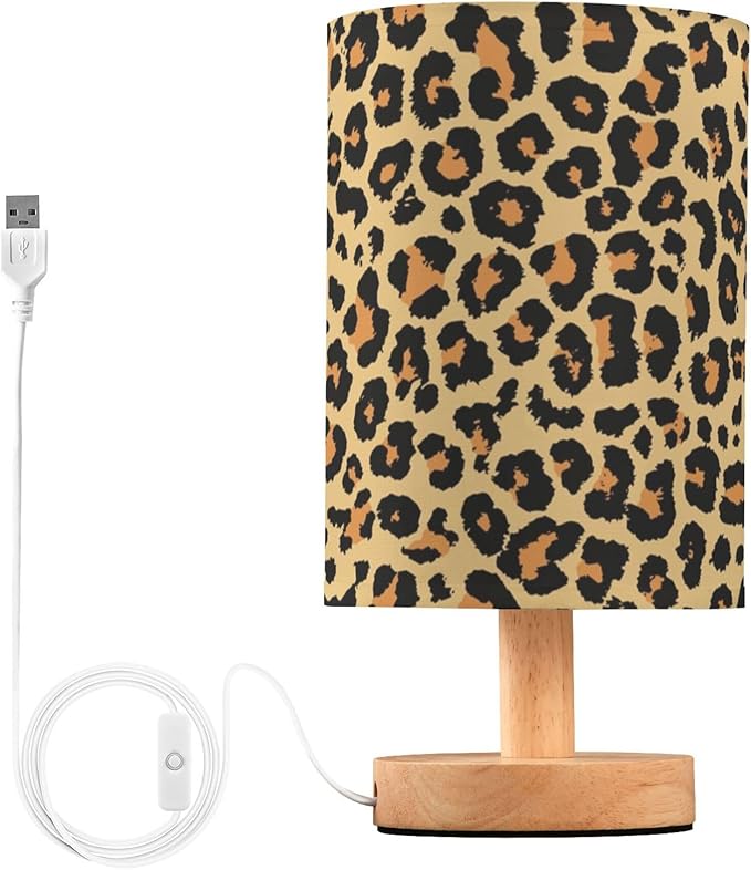Table Lamp Leopard Print Wild Animal Skin Scale Design Pattern Nightstand Lamp with Wood Base Fabric Lamp Shade Bedside Desk Lamp for Living Room Bedroom Kids Room Office