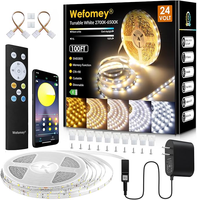 Wefomey White LED Strip Lights, 100ft Dimmable Bright 24V Led Tape Light with Remote and App Control, 2700K-6500K White 14...