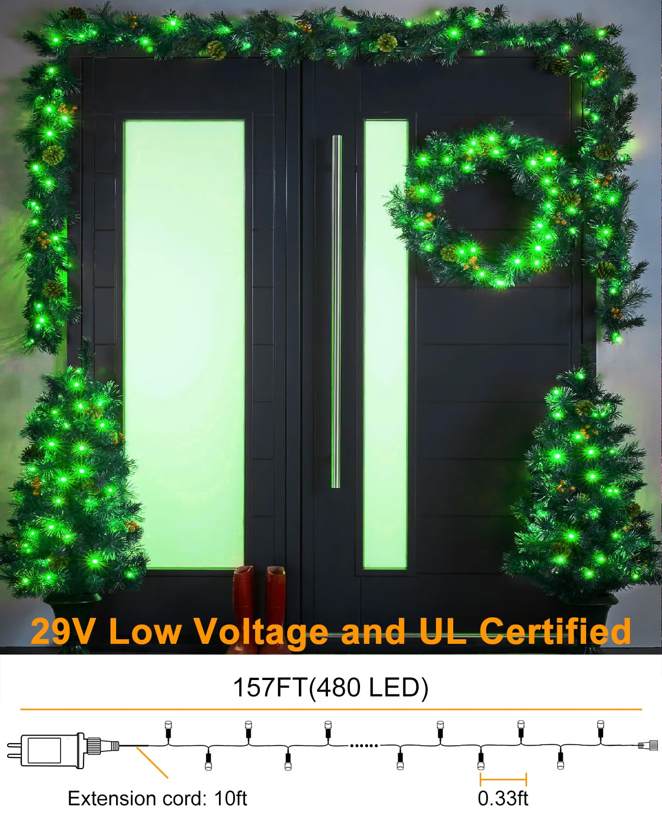 157Ft 480 Led Christmas Lights Outdoor  Plug In Christmas Tree Lights Waterproof  8 Modes Green Wire Fairy String Light For Indoor House Garden Xmas Party Decorations  Green