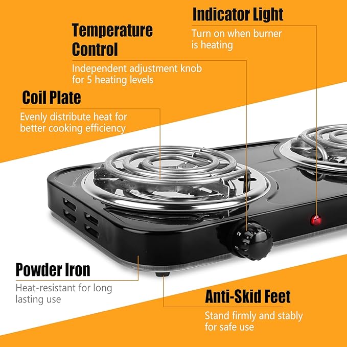 Double Hot Plate, 2000W Portable Countertop Burner & Electric Stove, 5-Level Temp Cast Iron Double Burner Cooktop for Home/RV/Camping (Black)