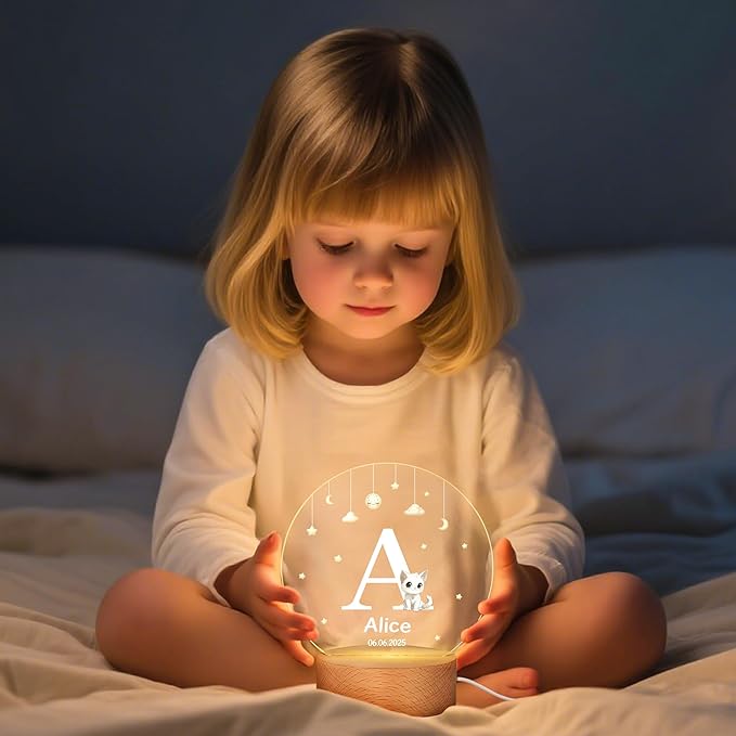 callie Acrylic Night Light Name Plate Personalized, Custom Cute Animal Dog Cat with Wooden Base Bedroom Decor, Birthday Gifts Kid Gifts for Family (Cute Animal Dog Cat)