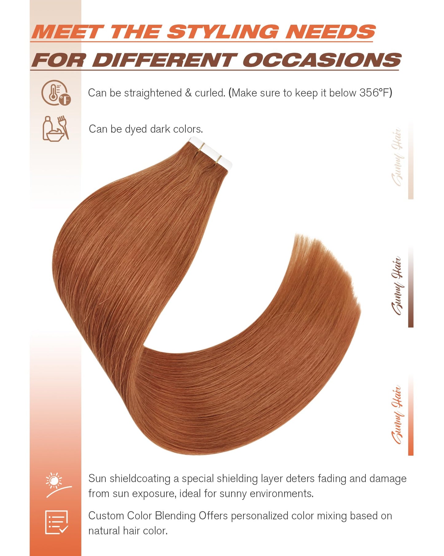 Sunny Hair Tape in Hair Extensions Real Human Hair Invisible Remy Hair Extensions Tape ins for Women Copper Red 22 inch 20Pcs 50