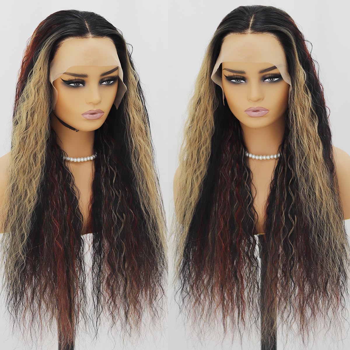 SISIFIRE Burgundy Highlight Lace Front Wig Preplucked Water Curly Wave Synthetic Lace Front Wigs for Women Heat Resistant Fiber