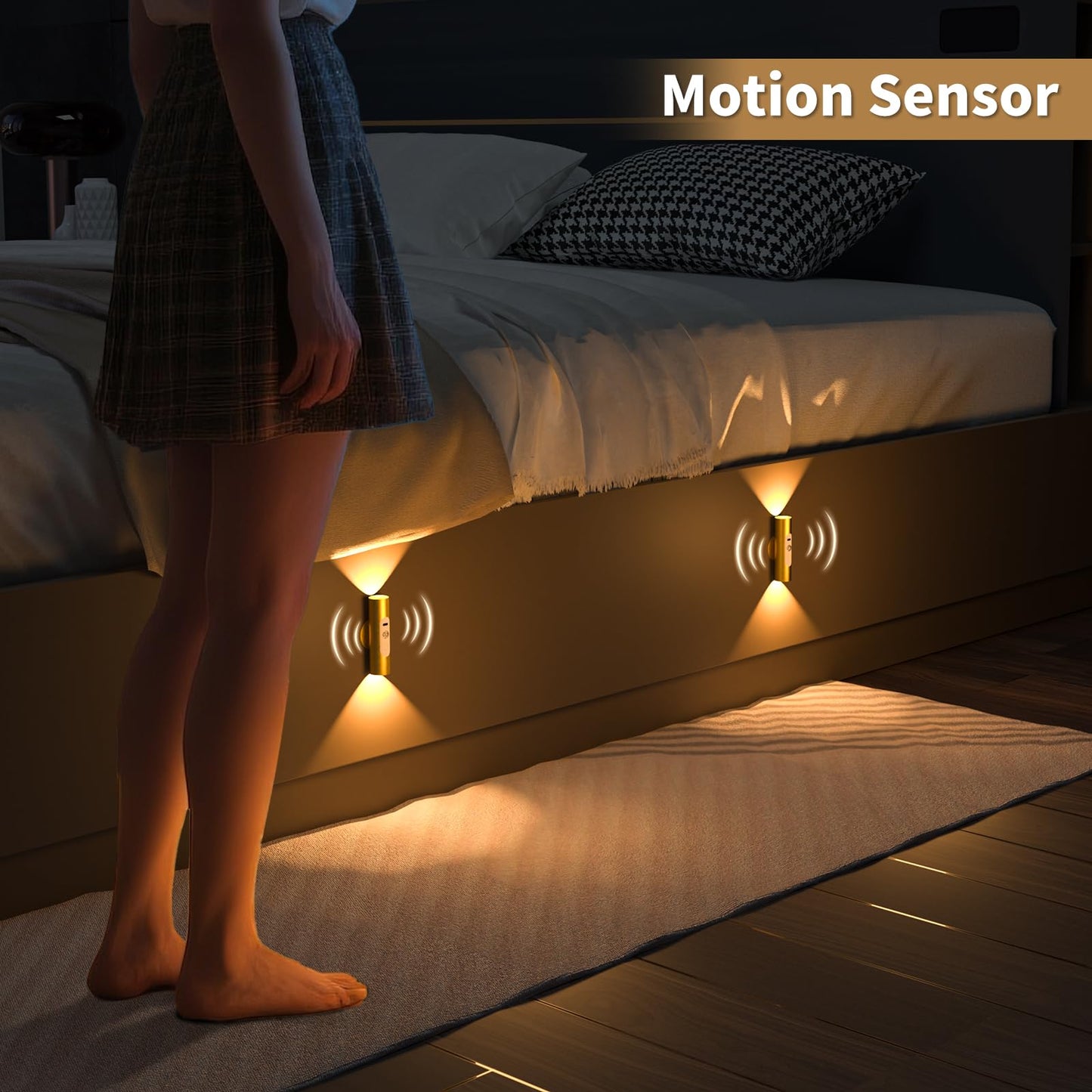 WOBSION Motion Sensor Wall Light, Rechargeable, 3 Color Modes, Aluminum, Gold, 2 Pack, f1.18*4.37in, Model CL-K67-B