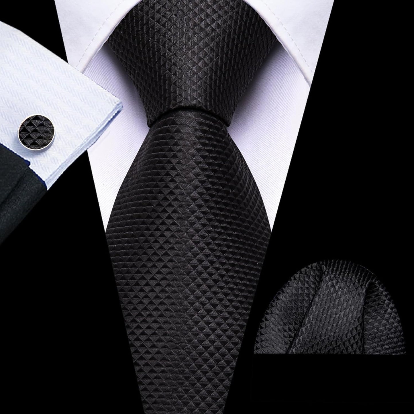 Barry.Wang Designer Classic Ties for Men Set Formal Pocket Square Cufflink Check Plaid