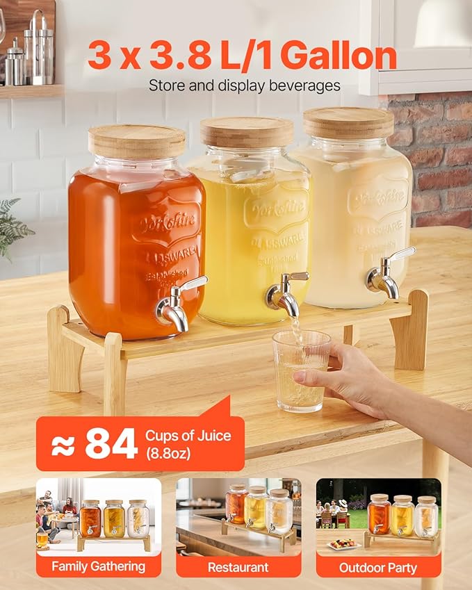 VEVOR Beverage Dispenser, 3 Pack 1 Gallon Drink Dispensers for Parties, Glass Juice Dispenser with Wood Stand, Stainless Steel Spigot, Infuser, Iced Tea Lemonade Juice Water Dispensers for Parties