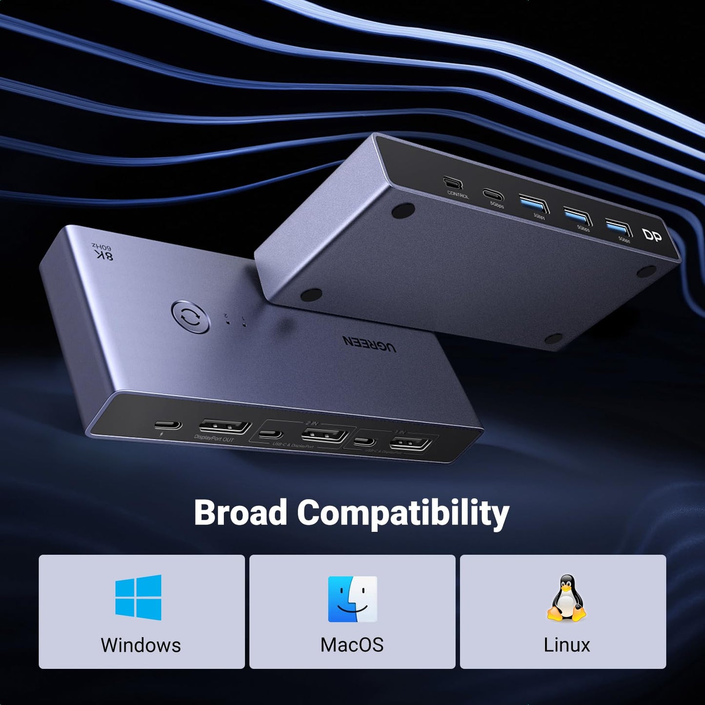 UGREEN 8K Displayport KVM Switch 2 in 1 Out DP1.4 with 4 USB 3.0 Ports(3 USB-A + 1 USB-C) Support 8K@60Hz 4K@240Hz Share 1 Monitor Keyboard Mouse U-Disk Printer, with 2 DP Cables, 2 USB A to C Cables