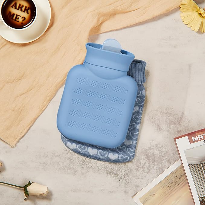 Amylove Mini Hot Water Bottle 320ml for Hot & Cold Compress with Cover Silicone Microwave Heating Small Water Bag for Travel Pain Relief Holiday Gifts(Stone Blue)