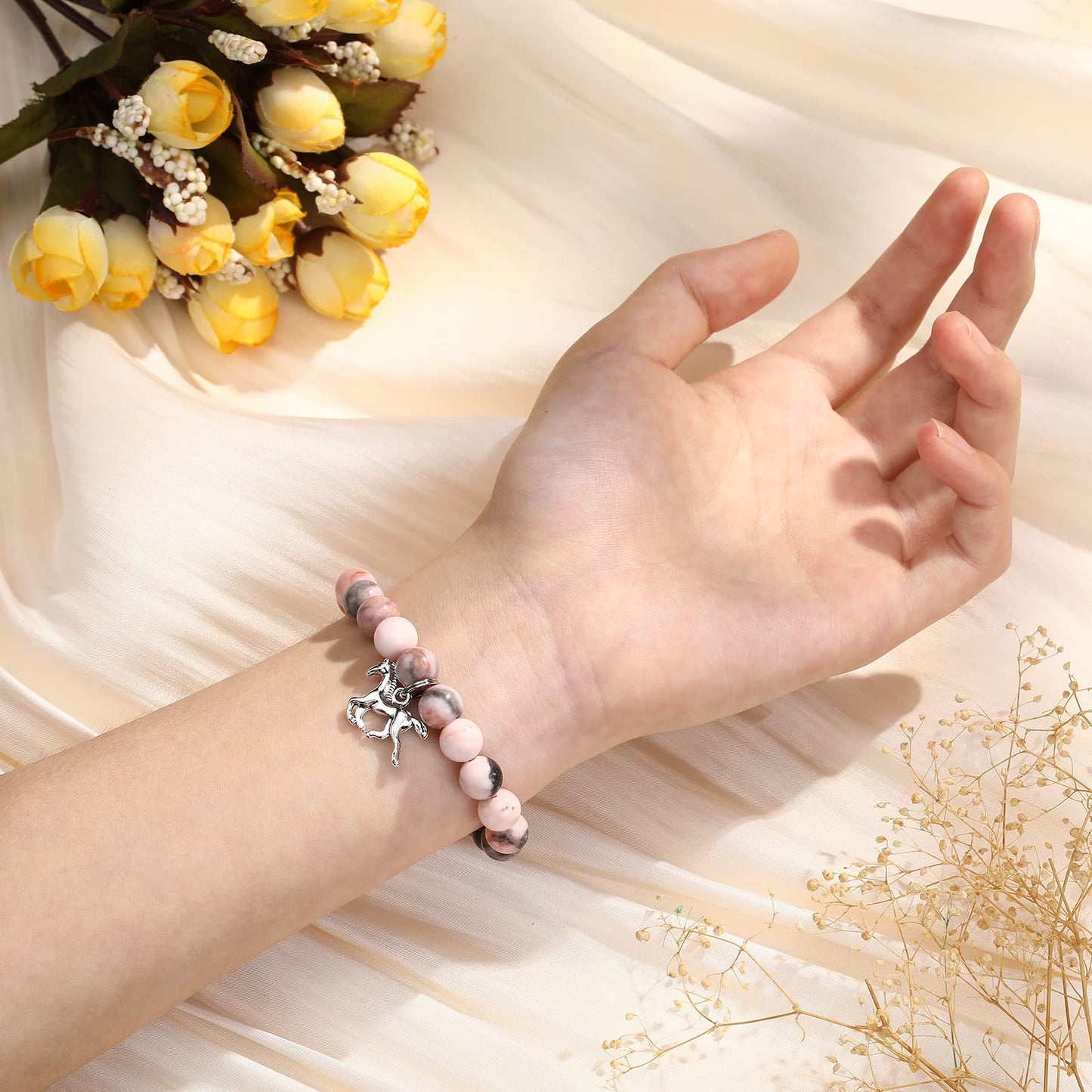 MIXJOY Horse Jewelry, Pony Charm Pink Rope Braided Beads Natural Stone Bracelet for Horse Lovers, Teens Horseback Riding Equestr