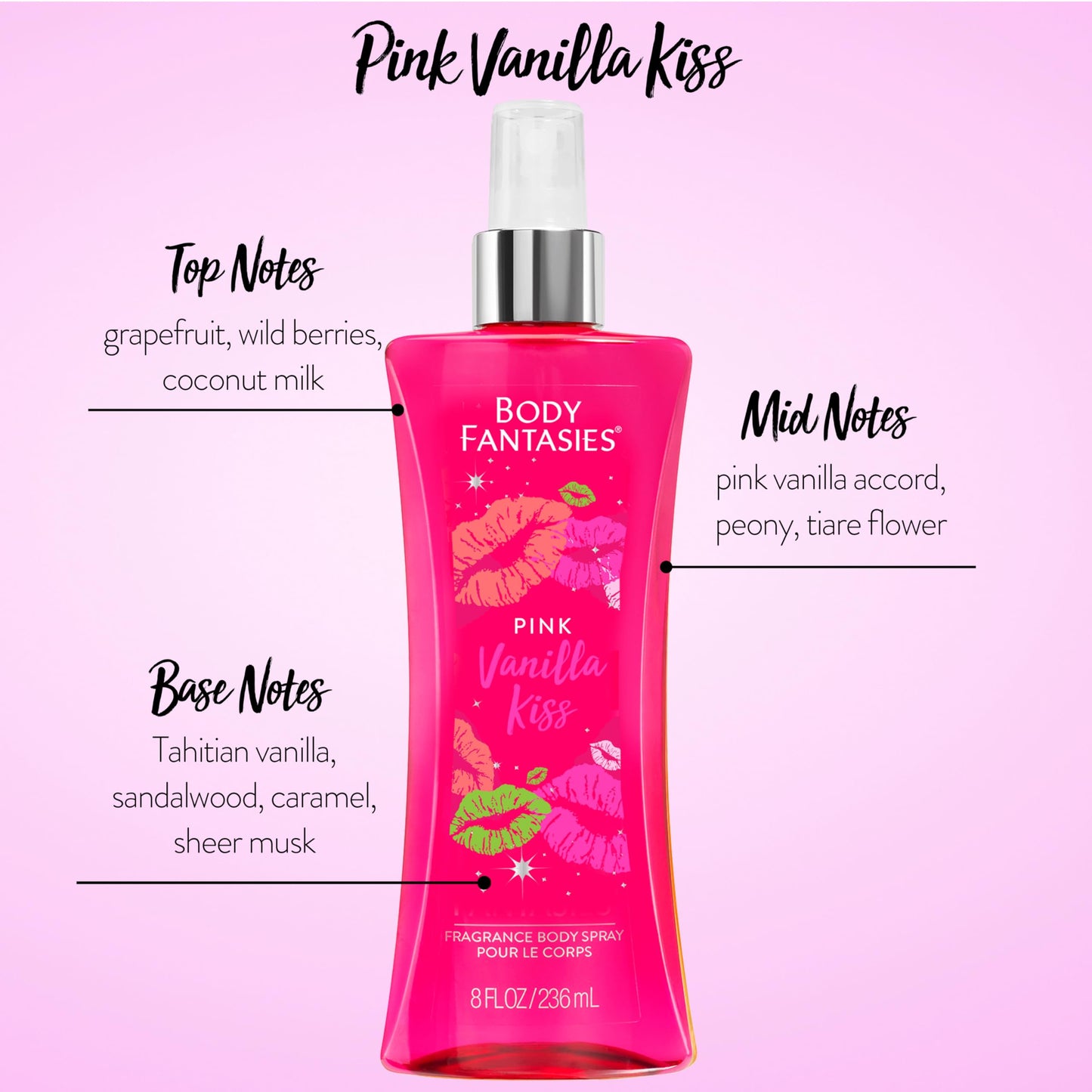 BODY FANTASIES SIGNATURE Fragrance Body Spray, Pink Vanilla Kiss Fantasy, 8 Fluid Ounce (BF44) (Pack of 2)