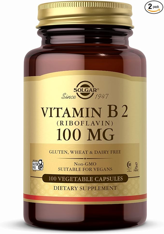 Solgar Vitamin B2 (Riboflavin) 100mg, 100 Vegetable Capsules - Energy Metabolism, Healthy Nervous System - Non-GMO, Vegan, Gluten Free, Dairy Free, Kosher, Halal - 100 Servings