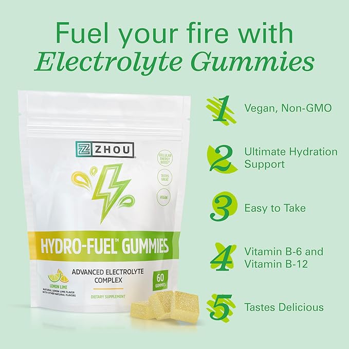 Zhou Hydro-Fuel Gummies - Electrolyte Gummies, Hydration Salt Chews with Sodium, Potassium & Magnesium Chewables, Energy & Endurance for Women & Men - Lemon Lime, 60 Veggie Gummies