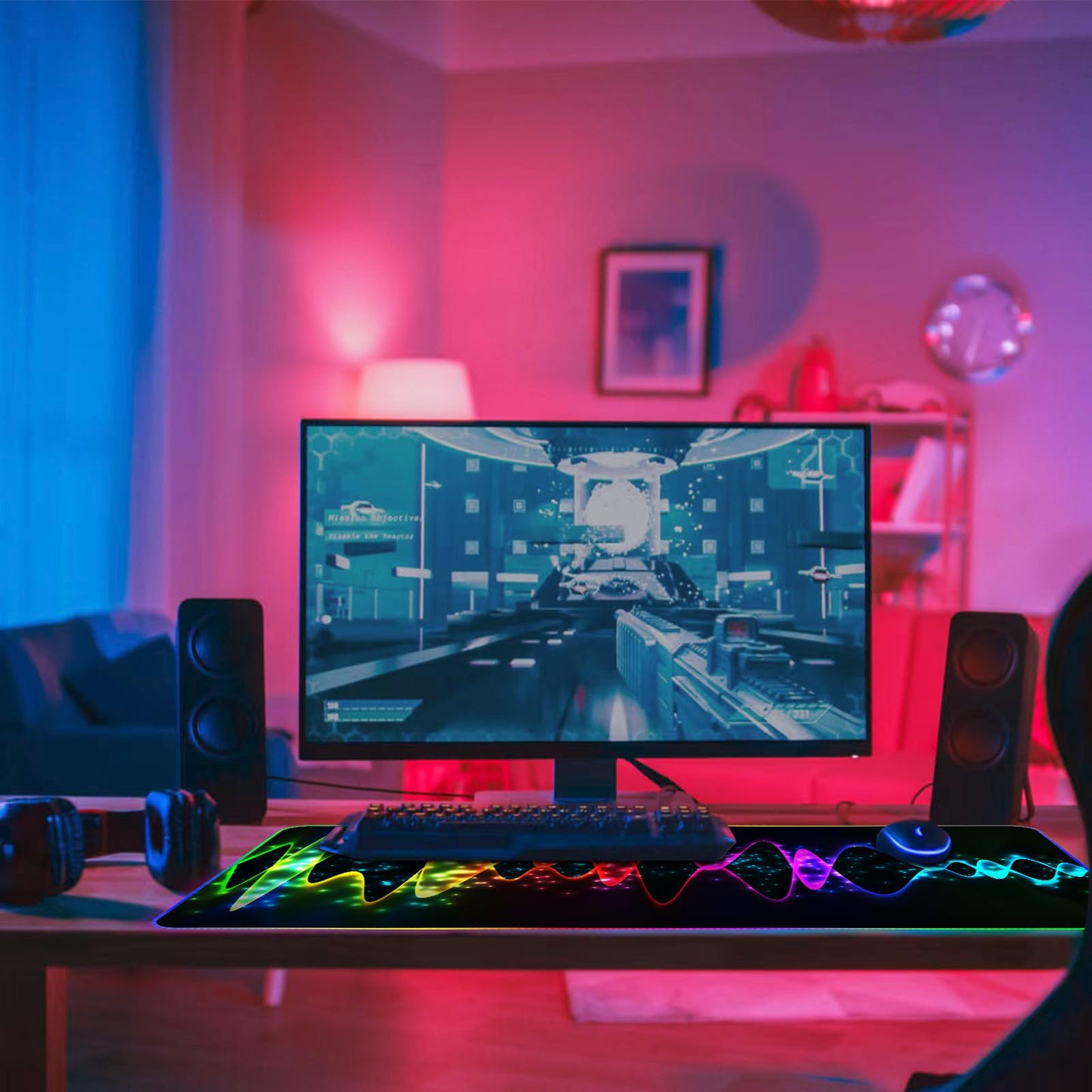 RGB Gaming Mouse Pad, DINKY Large Extended Soft Led Mouse Pad with 14 Lighting Modes, Water Resist Keyboard Pad, Computer Keyboard Mousepads Mat 35.4×15.8 inches-Black