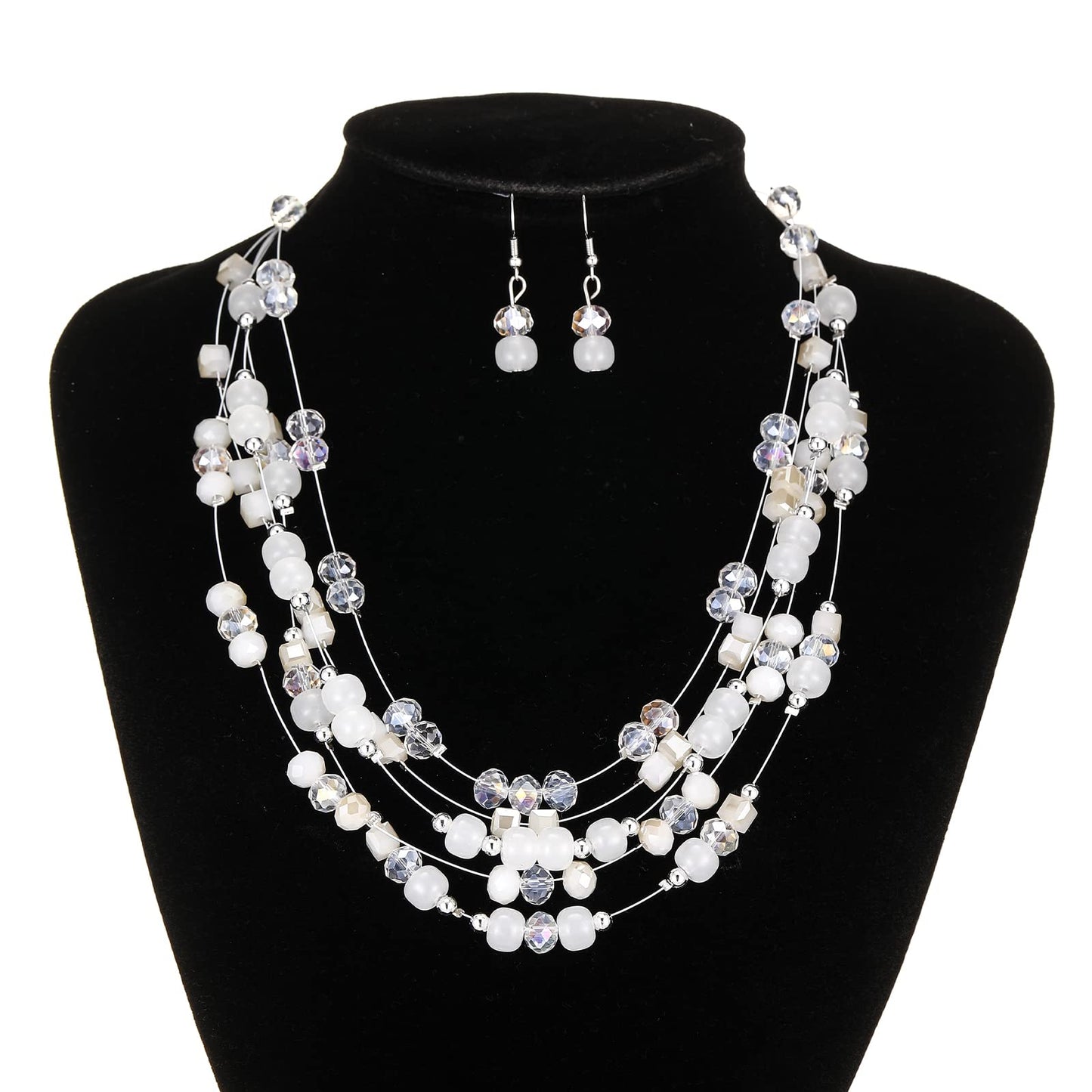 Layered Chunky Statement Necklace for Women Colorful Boho Beaded Necklaces and Earring Set Fashion Costume Jewelry for Women(Whi