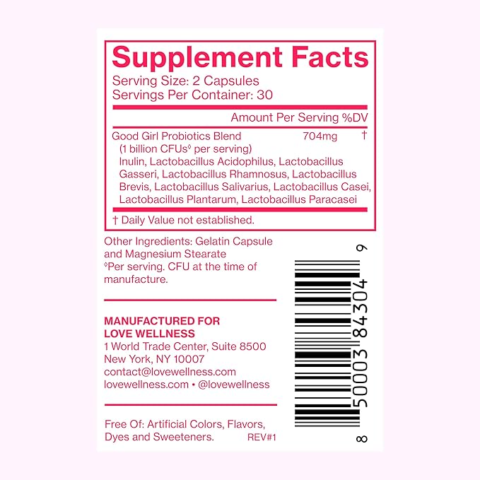 Love Wellness Good Girl Probiotics | Women's Vaginal Health Supplement | Vaginal Probiotics for Women pH Balance & Urinary Tract Health | Support Vaginal Odor & Flora | 60 Count