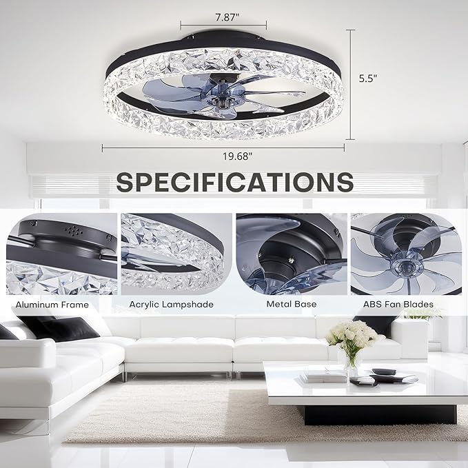 STERREN 19.7'' Crystal Ceiling Fan with Light, Modern Low Profile Ceiling Fans with Remote Control, Dimmable Flush Mount LED Fandelier for Living Room, Bedroom, Home Office, Kitchen, Black