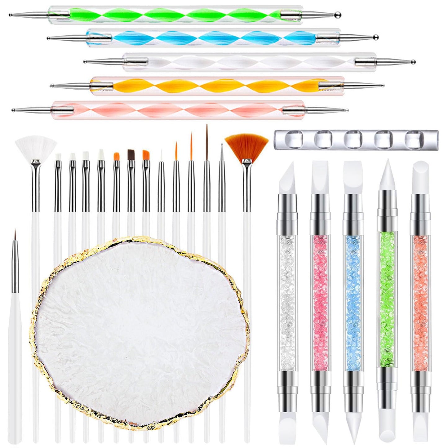 Nail Art Brush,27Pcs Set Nail Art Tools,Resin Nail Art Palette,5 Pcs Nail Art Sculpture Pen,2-way Acrylic Silicone Engraving Pen