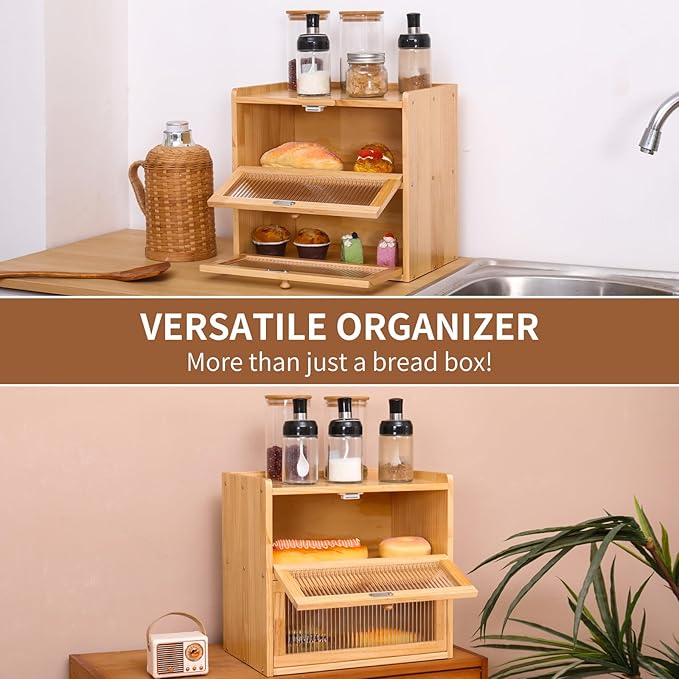 Double Layer Large Bread Box for Kitchen Counter, Wooden Bread Storage Container with Acrylic Window (natural)