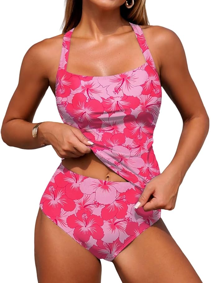 ZAFUL Women's Tankini Swimsuits Tummy Control Swimwear Two Piece Bathing Suits Swim Top with High Waisted Bottom