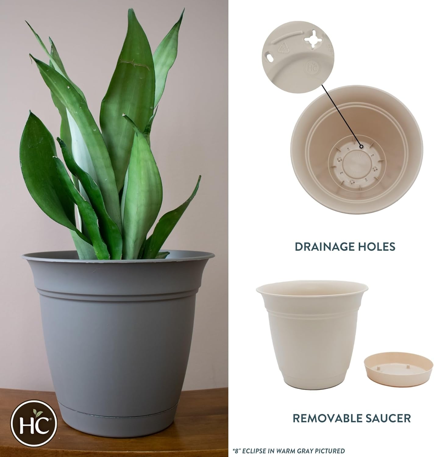 The HC Companies Eclipse Round Planter with Saucer - Outdoor & Indoor Plant Pot with Drainage Holes - Lightweight, UV-Resistant Plastic Pots for Plants, Flowers & Herbs (20" Cottage Stone, Pack of 1)