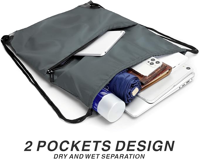 BuyAgain Drawstring Backpack Sports Water Resistant String Bag Sport Gym Sackpack for Women Men Large with Zipper, Grey