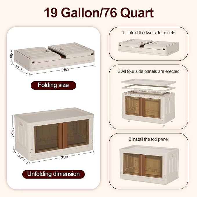 19Gal Collapsible Storage Bins with Lids & Wheels - 2 Pack Stackable with Doors, Heavy-Duty Plastic Cabinet for Home/Office, Milk White