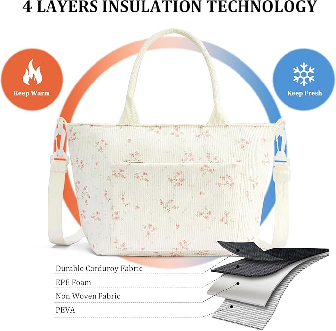 Lunch Bag for Women Adult Large Insulated Lunch Box Girl Cute Corduroy Lunch Tote Bags Reusable Leakproof Cooler Work Picnic