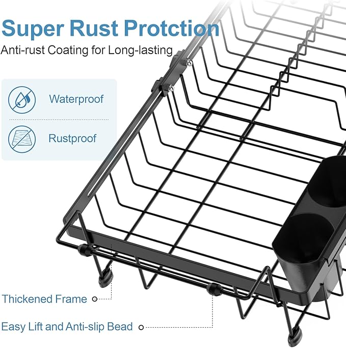 iSPECLE in Sink Dish Drying Rack - Capacity Expandable Over Sink Dish Rack with Mat (15.8"- 20.7"), Dish Drainer for Kitchen Counter with Utensil Holder Large Capacity, Black