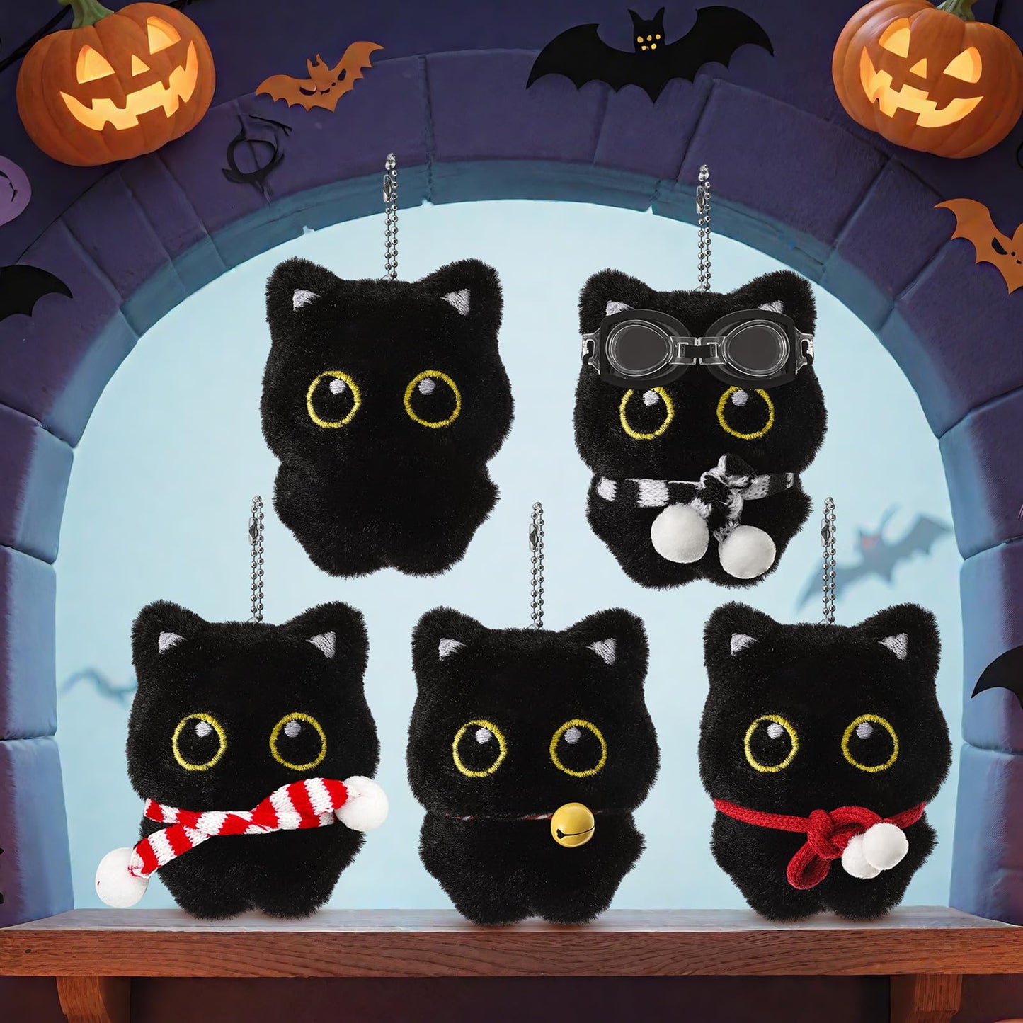Tondiamo 5 Pcs Black Cat Keychain Plush Bag Charm Cute Kawaii Gifts for Christmas Halloween Accessories (Classic)