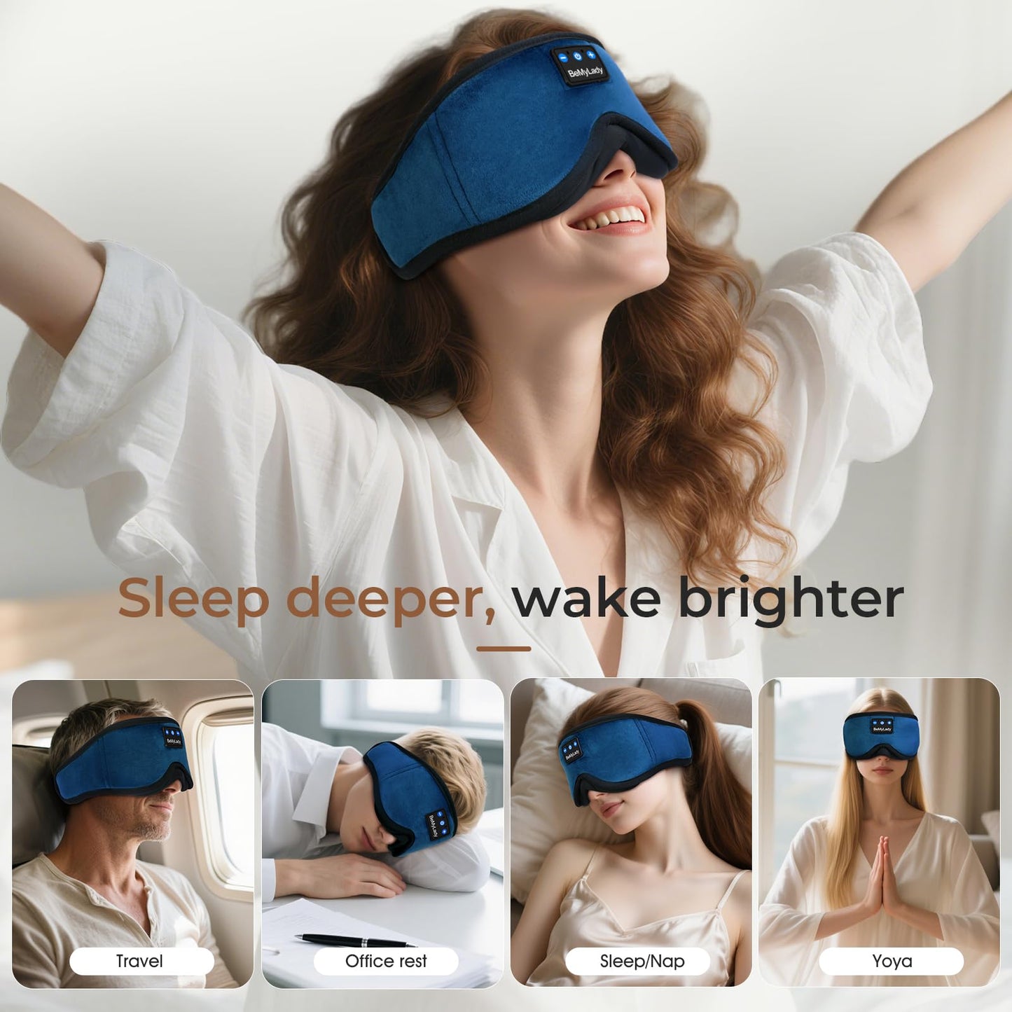 BeMyLady Sleep mask Headphones,100% Blackout 3D Zero Eye Pressure Bluetooth Sleep mask Breathable Eye mask with Bluetooth Headphones Sleep Headphones for Side Sleepers, 14H Playtime&Bluetooth 5.4 Blue