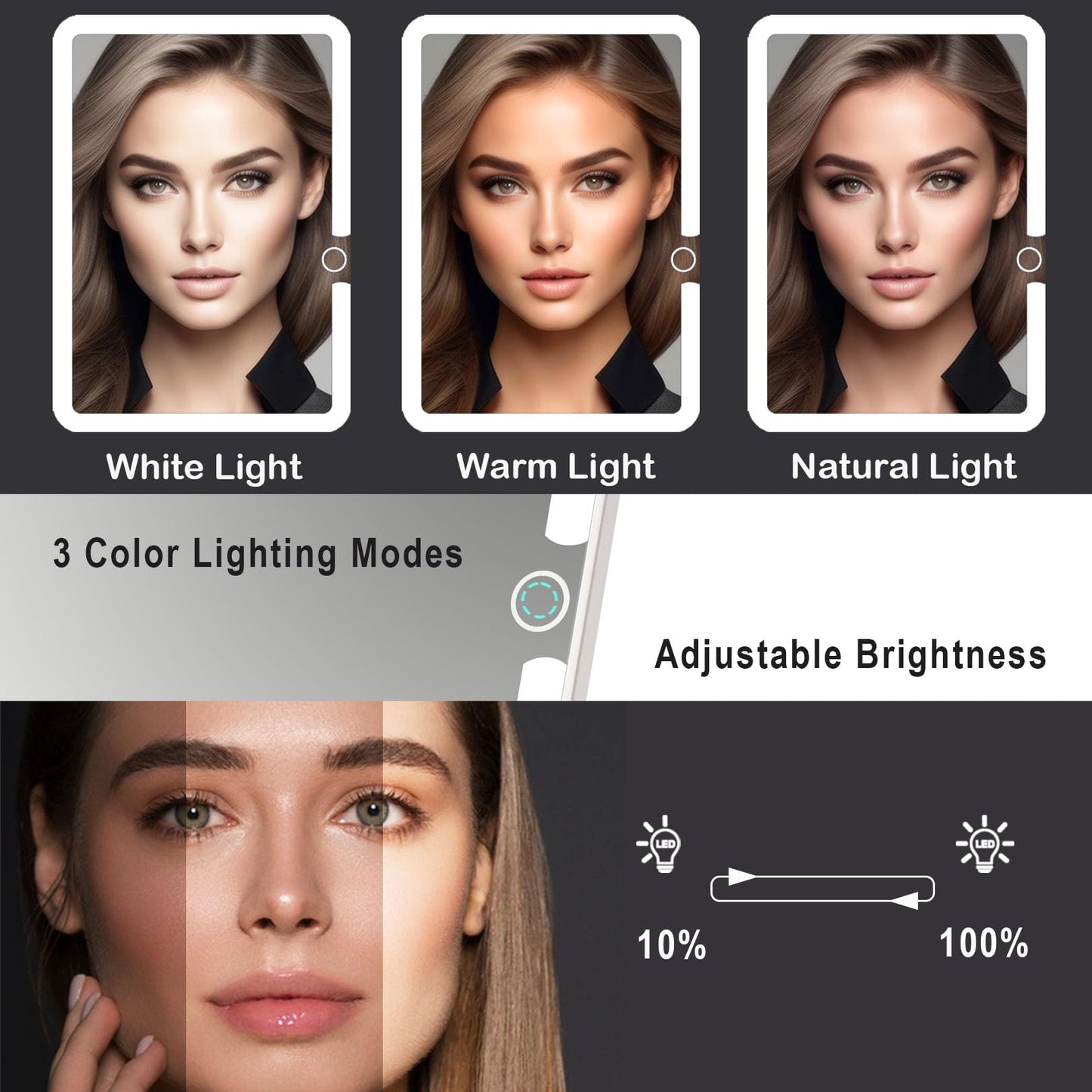Dear girl Travel Makeup Mirror with Lights, Rechargeable Portable Lighted Mirror, 3 Color Light Dimmable Touch Screen, 1X Light