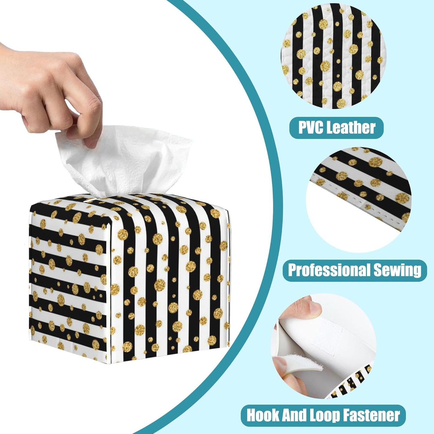 Gold Polka Dot Leather Tissue Holder,Black and White Stripes Square Tissue Box Cover,Modern Decorative Facial Tissue Cube Paper Cover for Car Bedroom Nightstand Vanity Desk Office,5.2" x 5.2" x 5.2"