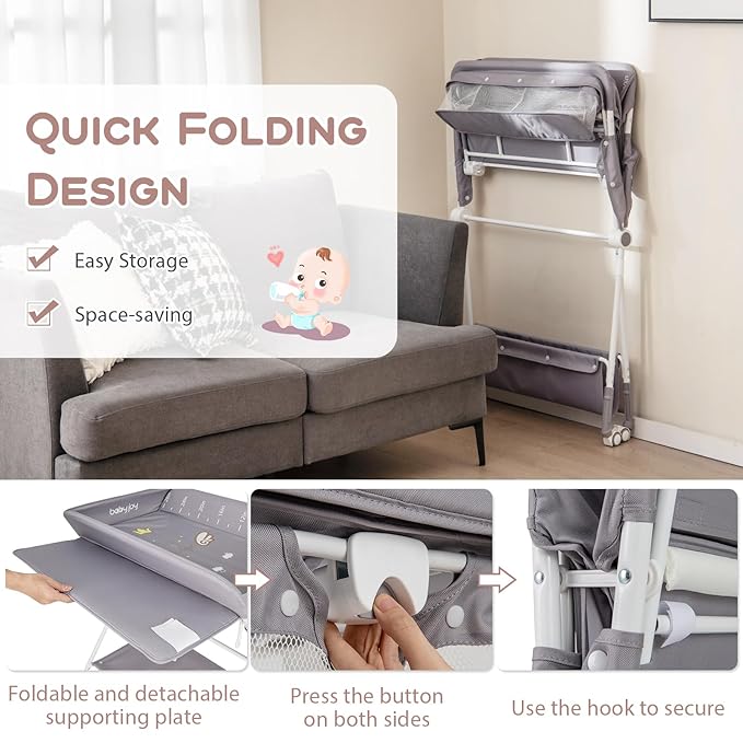 BABY JOY Portable Baby Changing Table, Foldable Diaper Changing Station with Wheels, Adjustable Height, Large Storage Rack, Trash Can, Mobile Nursery Organizer for Newborn Infant (Gray)
