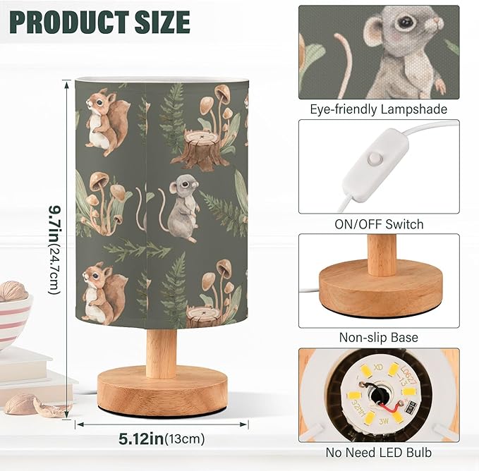 Table Lamp with Squirrel Mouse Stump Fern Mushroom Forest Animal Pattern - Wood Base Fabric Shade Nightstand for Living Room Bedroom Kids Room Office