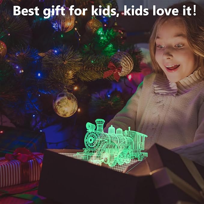 Train Night Light, 3D LED Night Lamp for Boys - Trains Themed Bedroom Lamps, Optical Illusion Lamp with Remote Control, Perfect for Kids' Room Décor, Cool Gifts for Train Lovers