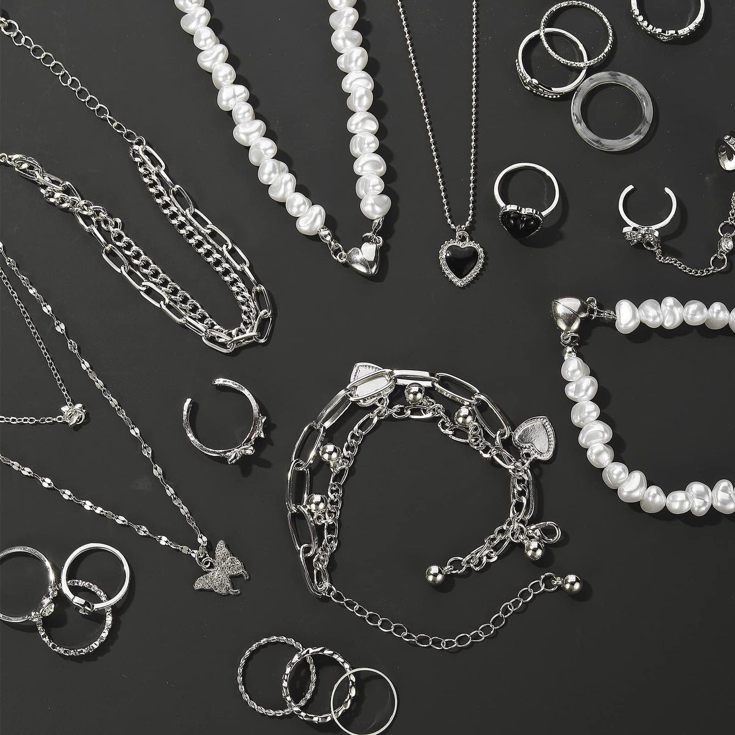 IFKM 21 PC Silver Plated Jewelry Set with 3 Necklace, 3 Bracelet, 15 Knuckle Rings for Women - Valentine, Anniversary, Birthday, Friendship - Cute Fashion Gifts