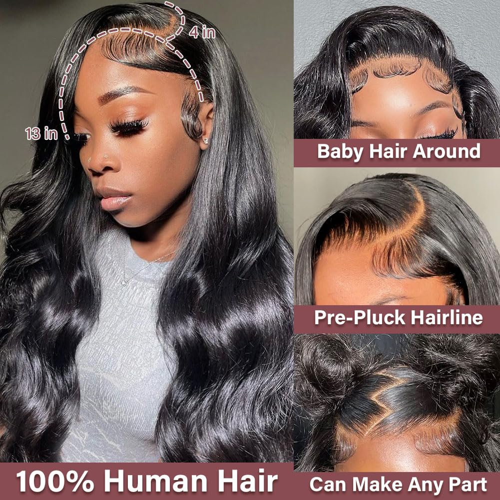 Omswet 13x4 HD Lace Frontal Human Hair Body Wave SKINLIKE 0.1mm Ultra-Thin HD Lace Frontal Pre Plucked Natural Hairline Small Kn