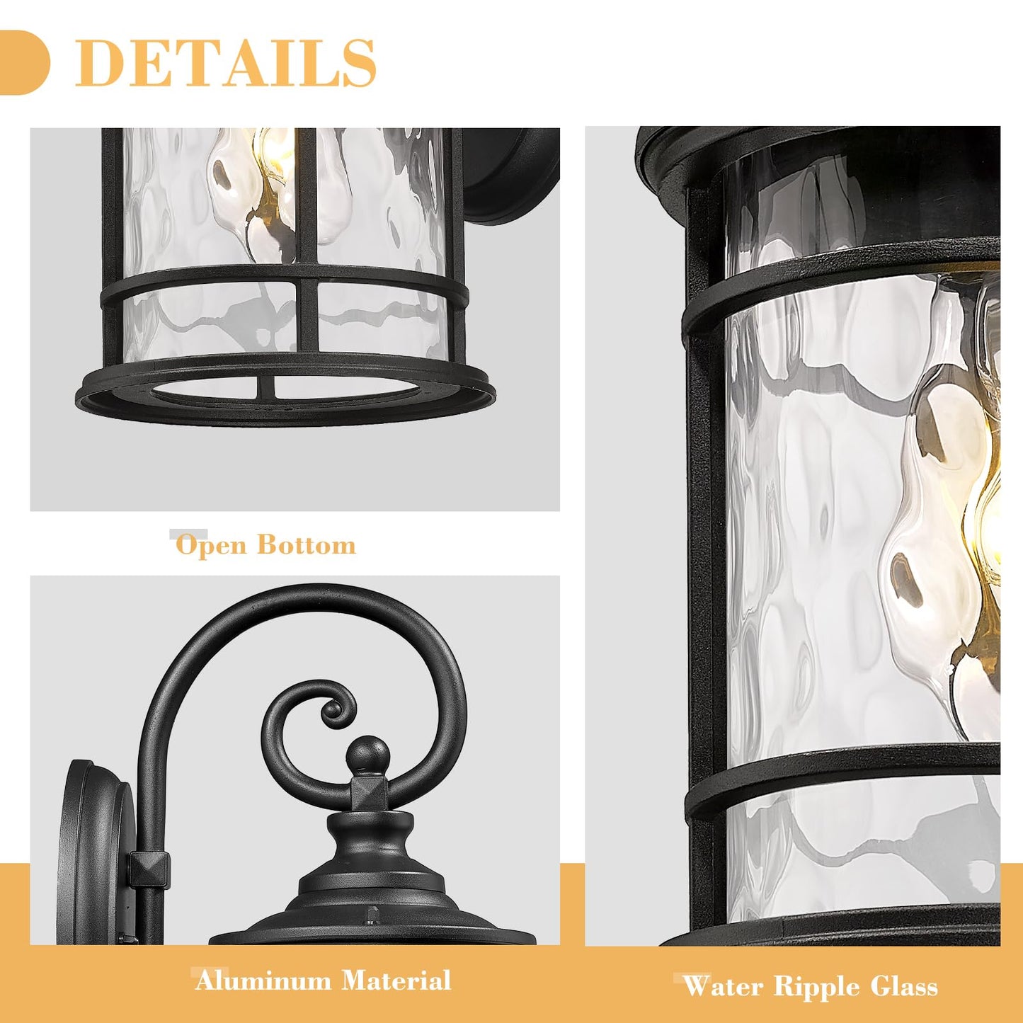 Emliviar Farmhouse Outdoor Light Fixture  15.5 Exterior Lighting Fixtures With Water Ripple Glass  Die-Casting Aluminum In Black Finish  Xe229B-Wg Bk