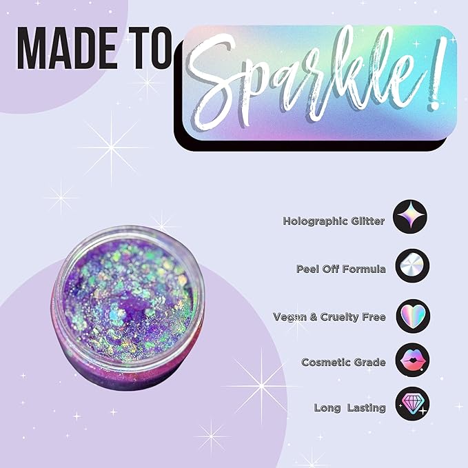 Stunt Trainer Cheer Glitter Face Body Makeup Peel Off Gel Chunky Holographic 15 Colors 1.6oz Vegan Cruelty Free Nontoxic Cheerleader Cheerleading Makeup